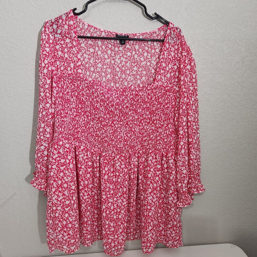 Torrid Size 3 Blouse Top 3/4 Sleeve Pink White Floral Chiffon Smocked Babydoll